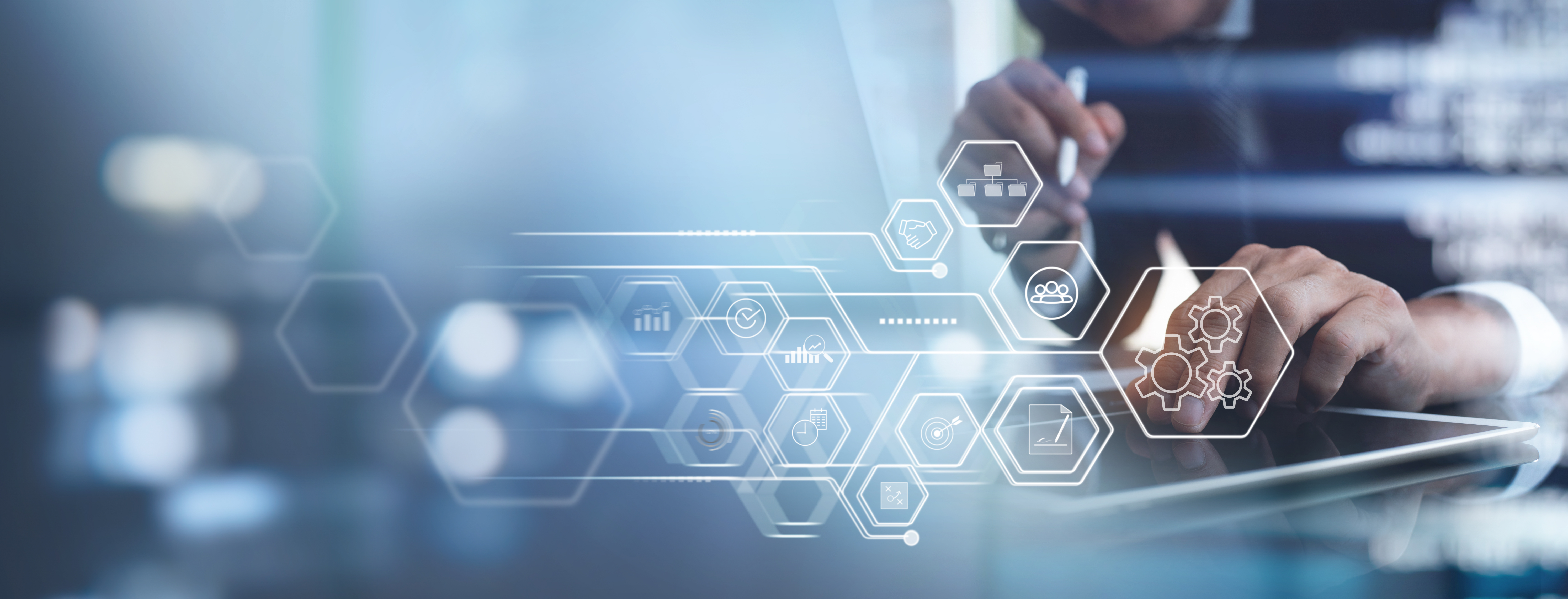 Operations Management Concept. Businessman On Digital Tablet With Virtual Innovation Operations Management, Business Process And Problem Solving, Monitoring And Innovation, Quality Control